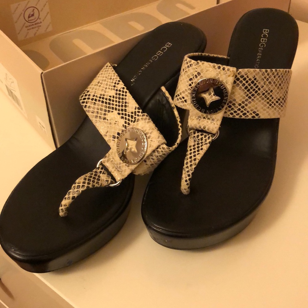 BCBG sandals with wedge heel size 9, buff color